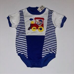 NWT Vintage Baby Kisses Romper Infant 12 Months Blue Appliqued Train stripes NEW